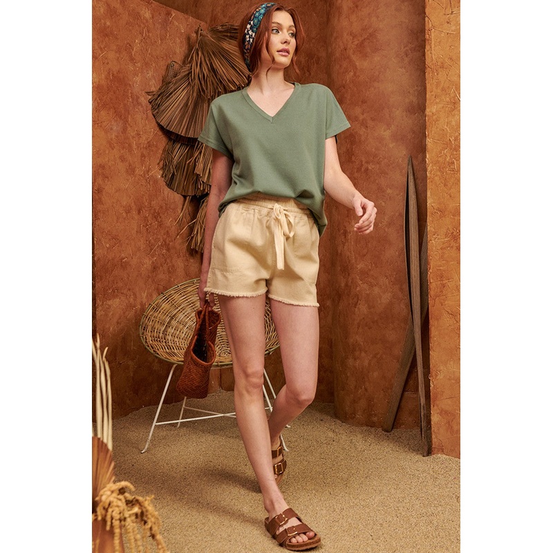 Beige Raw Hem Drawstring Shorts