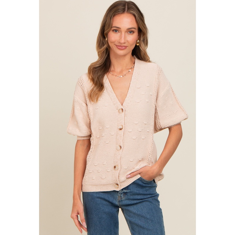 Beige Textured V-Neck Short Sleeve Cardigan