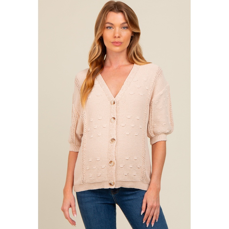 Beige Textured V-Neck Short Sleeve Maternity Cardigan