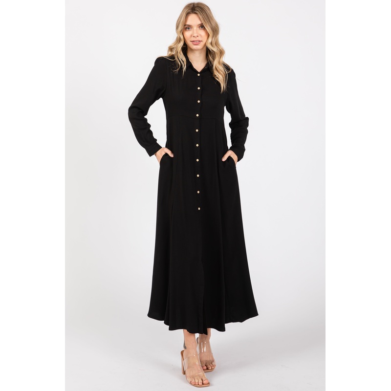 Black Collared Button Down Long Sleeve Maxi Dress