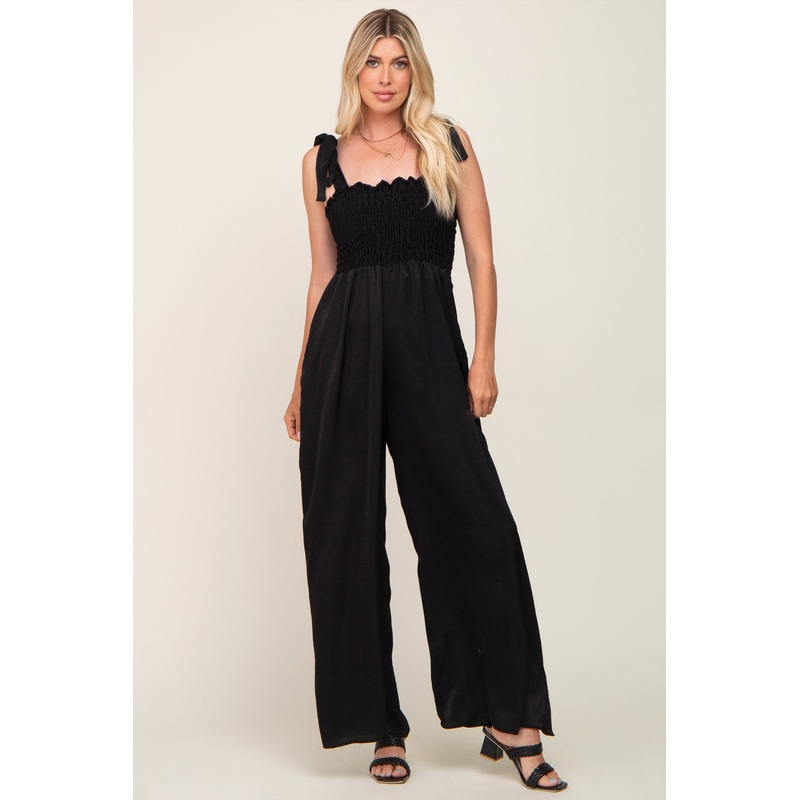 Black Satin Smocked Square Neck Shoulder Tie Jumpsuit