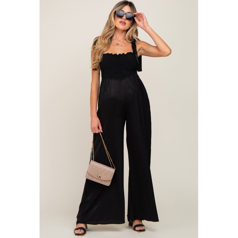 Black Satin Smocked Square Neck Shoulder Tie Maternity Jumpsuit