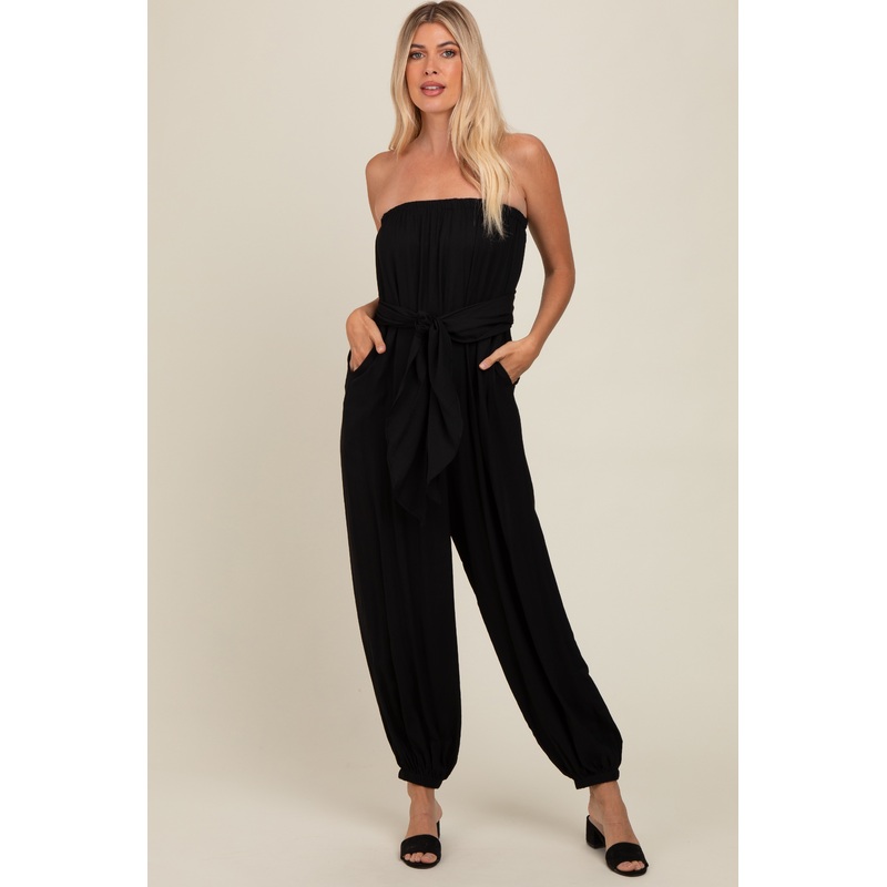 Black Strapless Sash Tie Jumpsuit