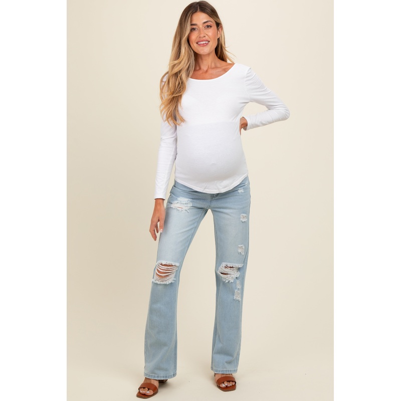 Light Blue Distressed Knee Wide Leg Maternity Jeans