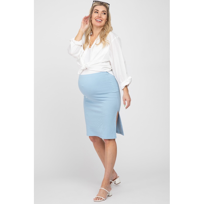 Light Blue Ribbed Side Slit Maternity Skirt