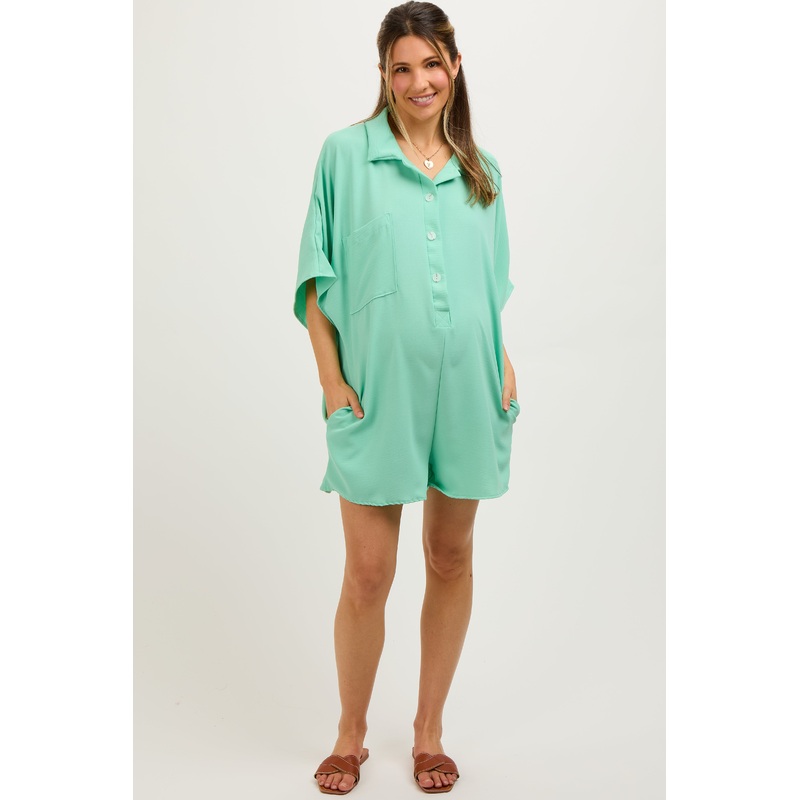 Mint Green Collared Front Button Maternity Romper