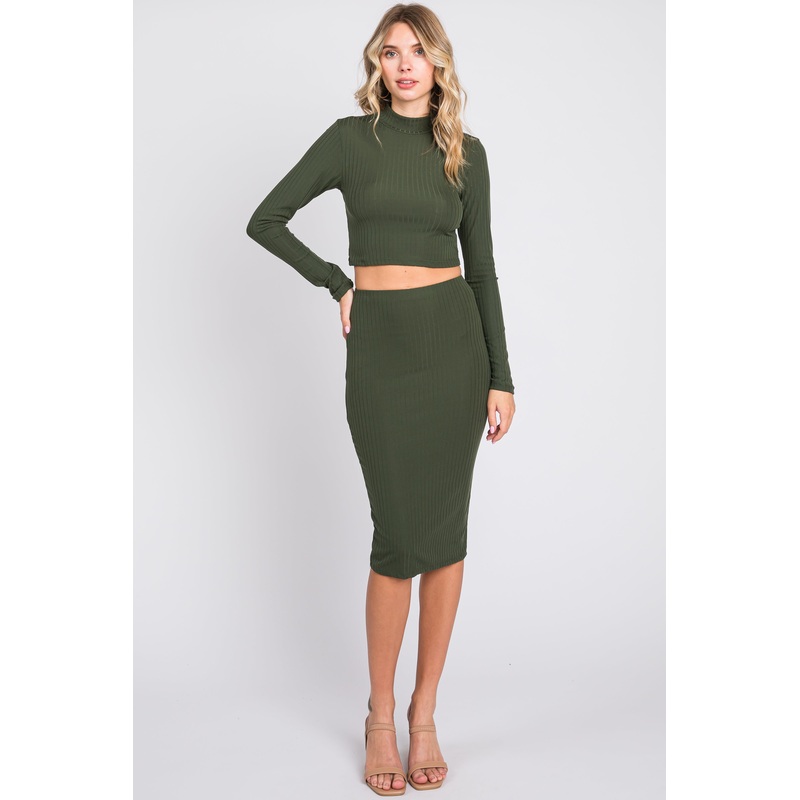 Olive Mock Neck Top Skirt Set