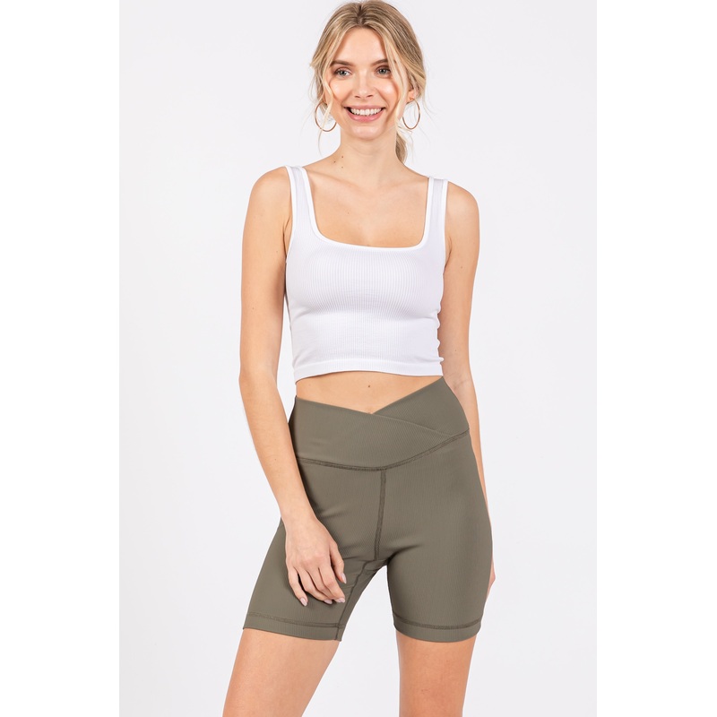 Olive Ribbed Crisscross Biker Shorts