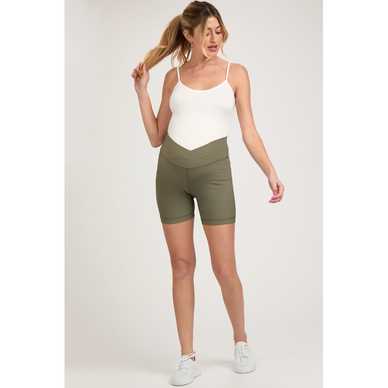 Olive Ribbed Crisscross Maternity Biker Shorts