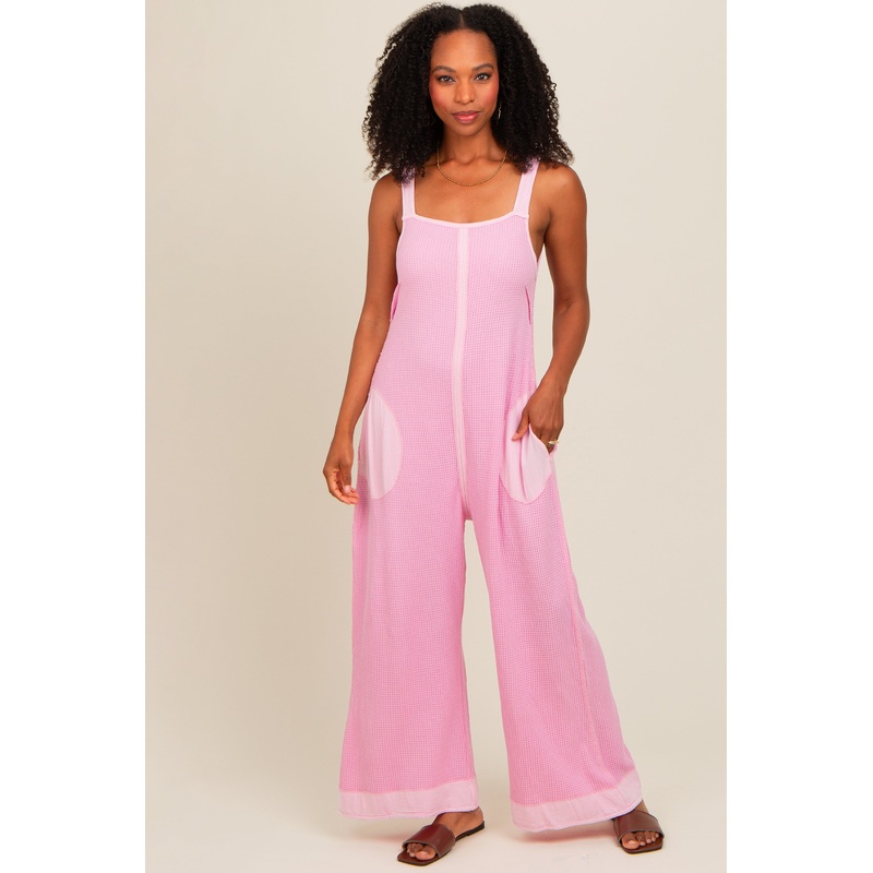 Pink Waffle Knit Wide Leg Jumpsuit