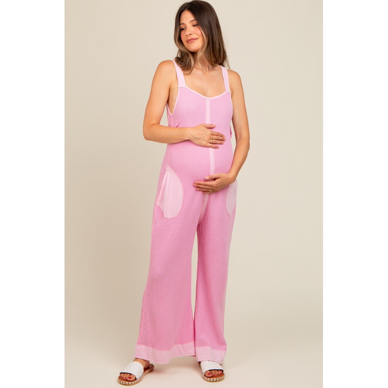 Pink Waffle Knit Wide Leg Maternity Jumpsuit