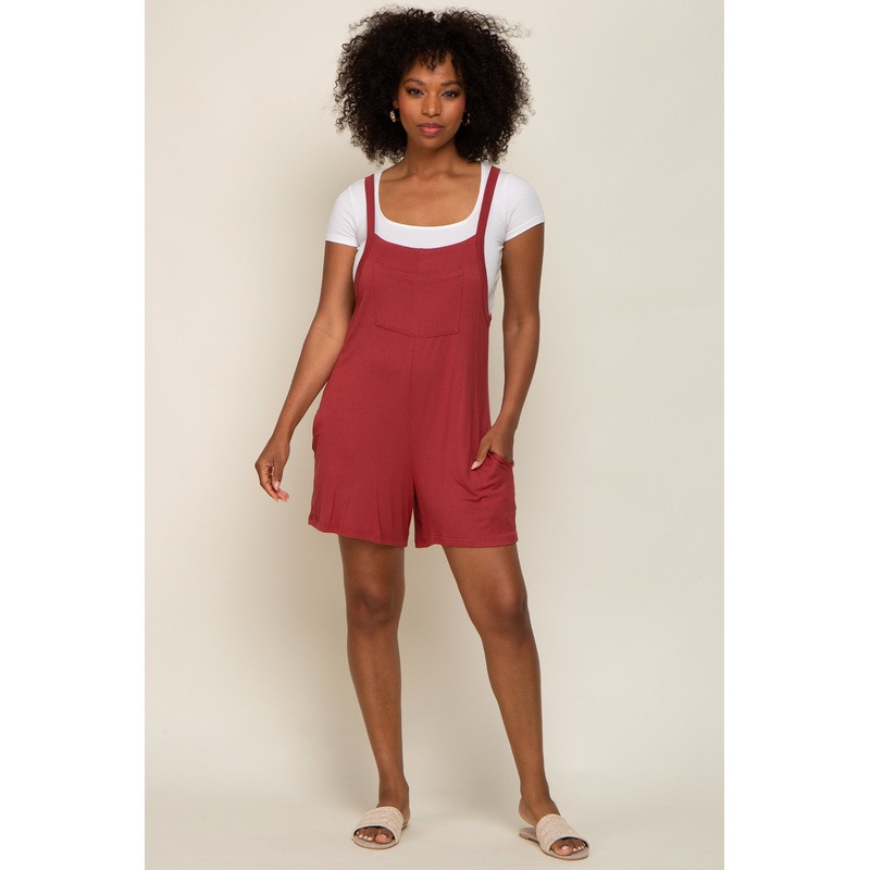 Rust Front Pocket Overall Knit Romper