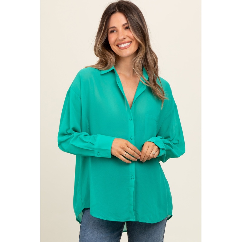 Teal Sheer Button Down Maternity Blouse