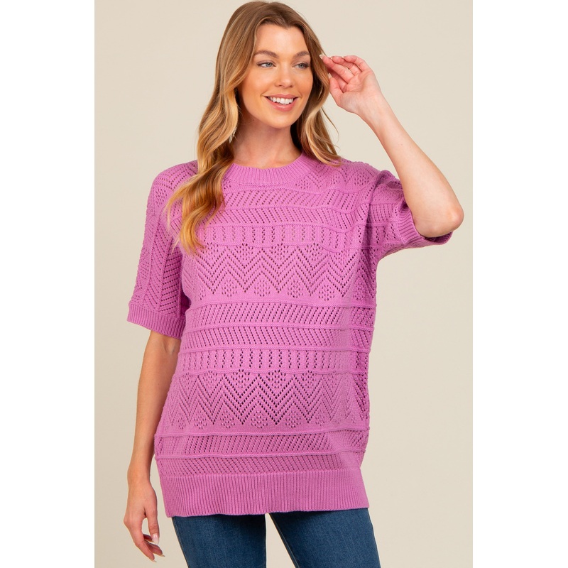 Violet Crochet Knit Short Sleeve Sweater Maternity Top