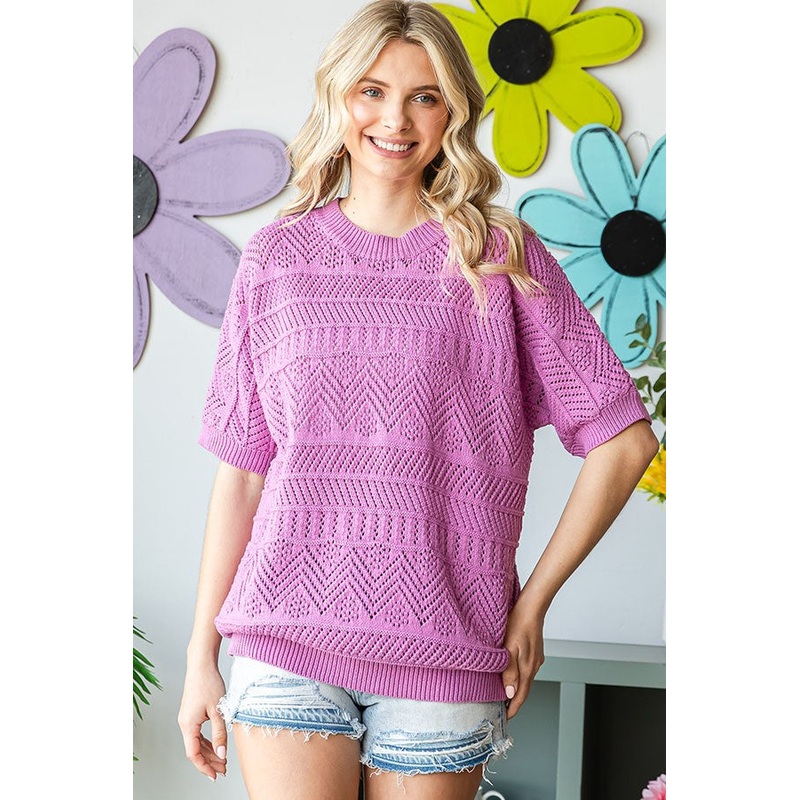 Violet Crochet Knit Short Sleeve Sweater Top