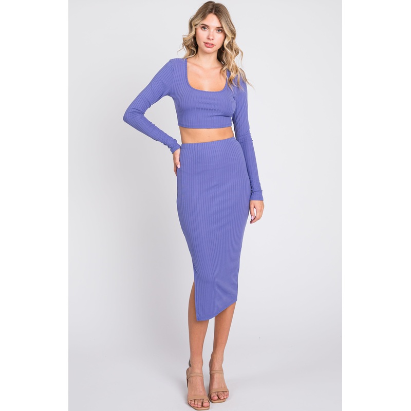Violet Ribbed Crop Top Midi Skirt Set