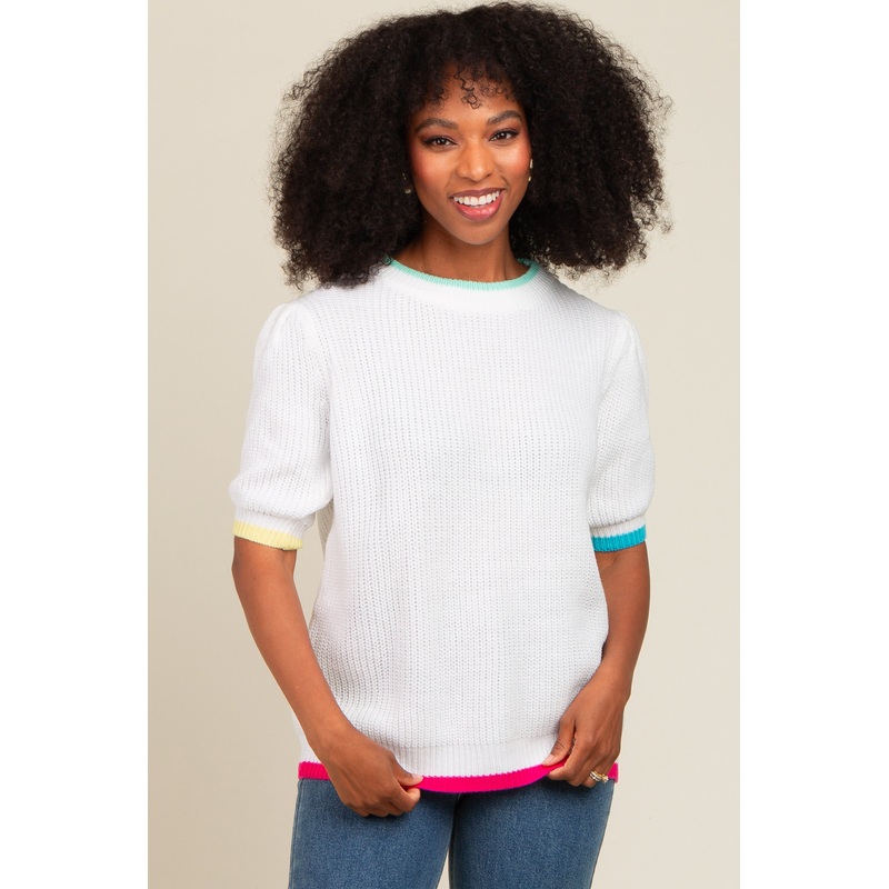 White Contrast Band Sweater