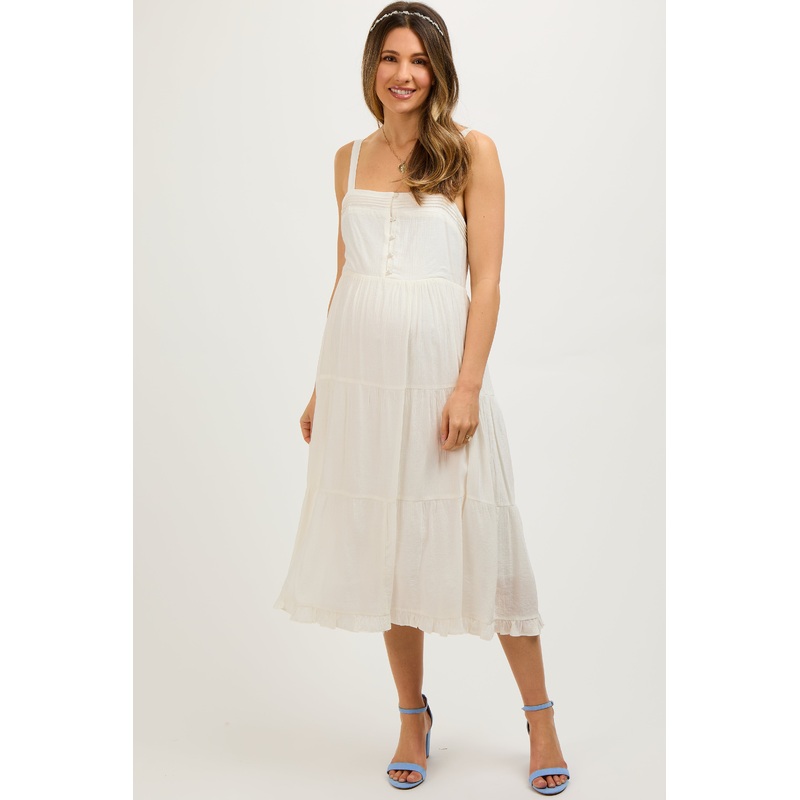 White Sleeveless Button Tiered Maternity Midi Dress