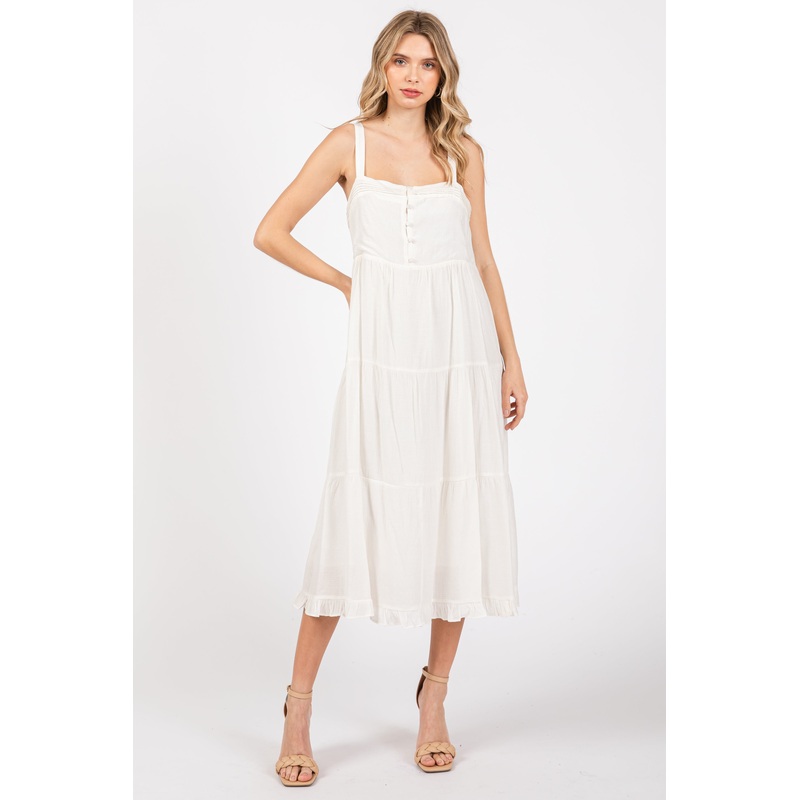White Sleeveless Button Tiered Midi Dress