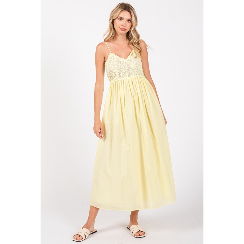 Yellow Floral Crochet Contrast Midi Dress