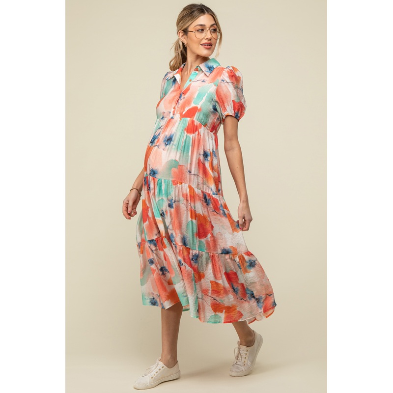 Aqua Floral Button Front Short Sleeve Tiered Maternity Midi Dress