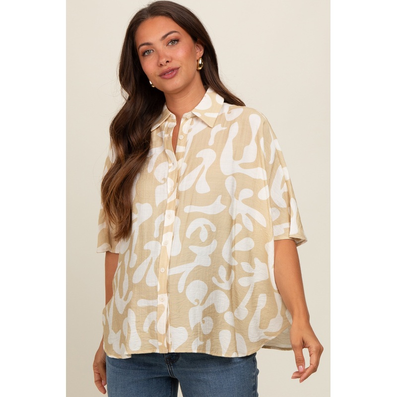 Beige Abstract Leaf Button Down Maternity Shirt