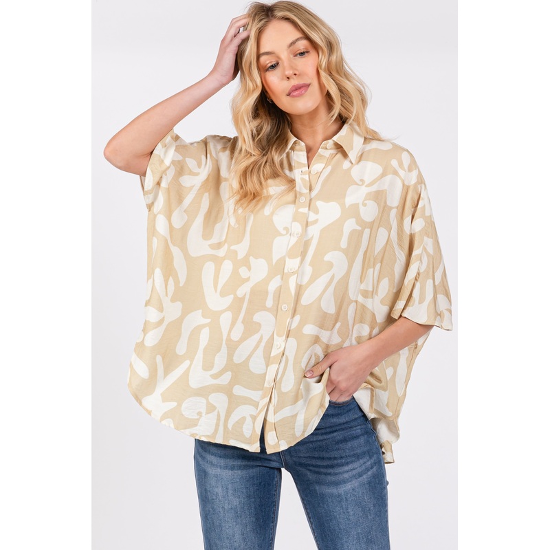 Beige Abstract Leaf Button Down Shirt