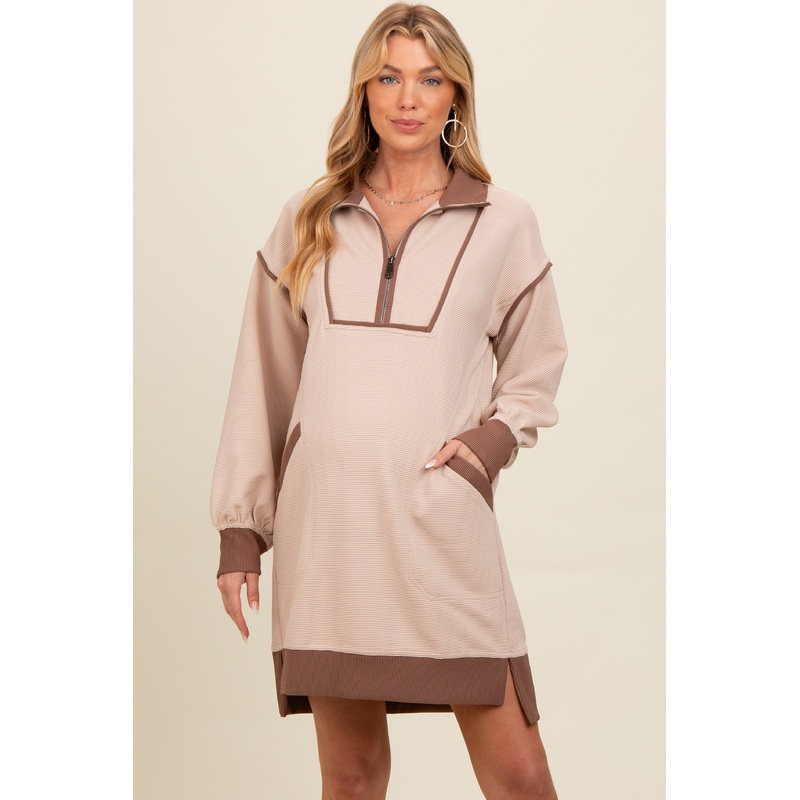 Beige Contrast Trim Collared Zip Up Maternity Mini Dress