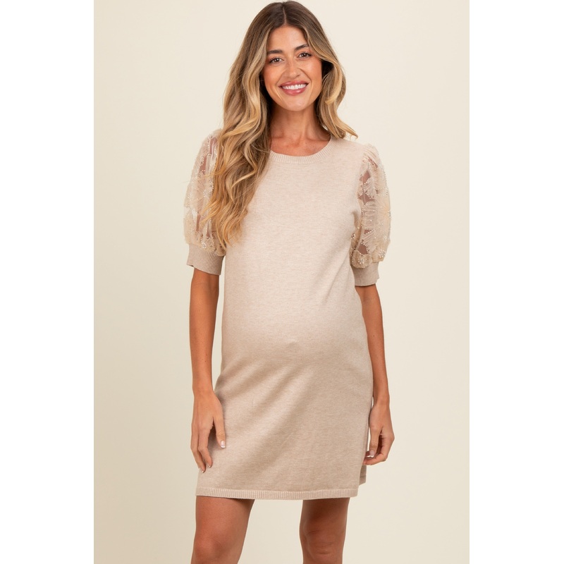 Beige Knit Beaded Floral Mesh Sleeve Maternity Mini Dress