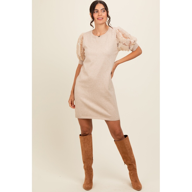 Beige Knit Beaded Floral Mesh Sleeve Mini Dress