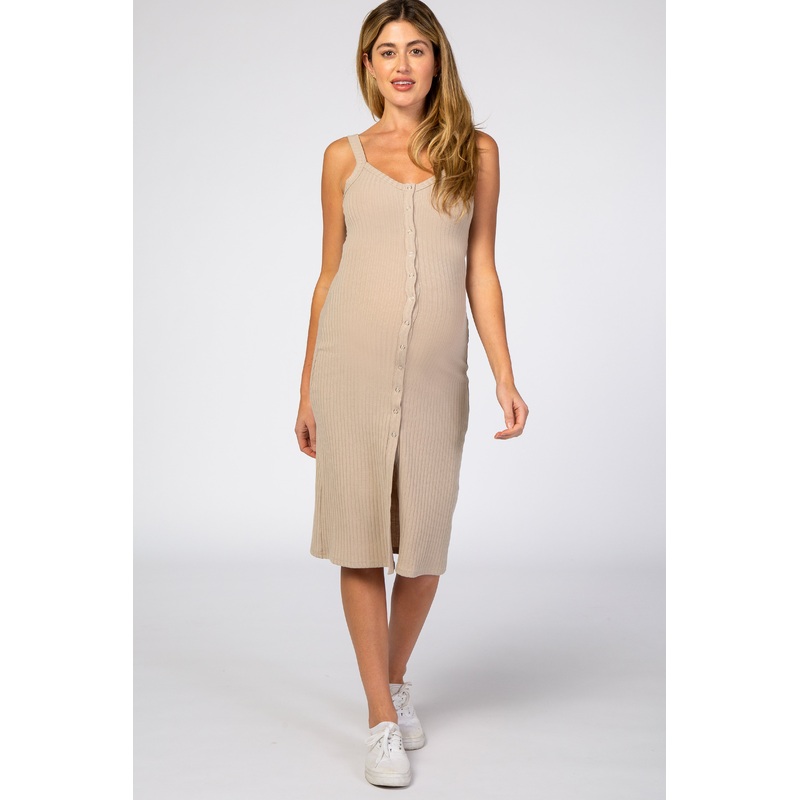 Beige Ribbed Snap Button Front Fitted Maternity Midi Dress