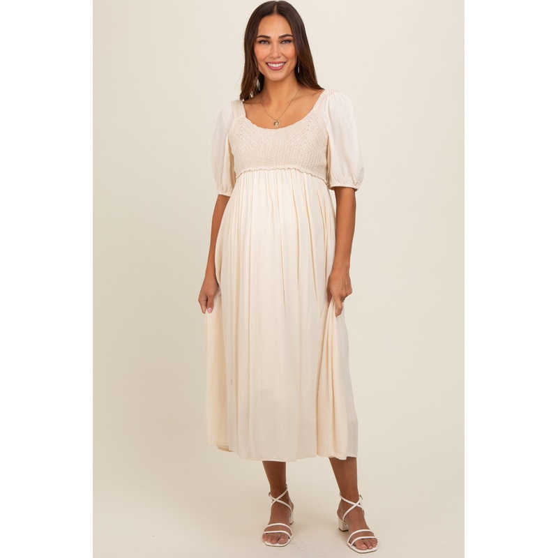 Beige Short Sleeve Knit Top Maternity Dress