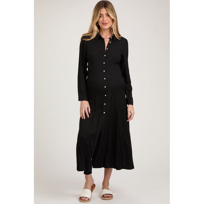 Black Collared Button Down Long Sleeve Maternity Maxi Dress