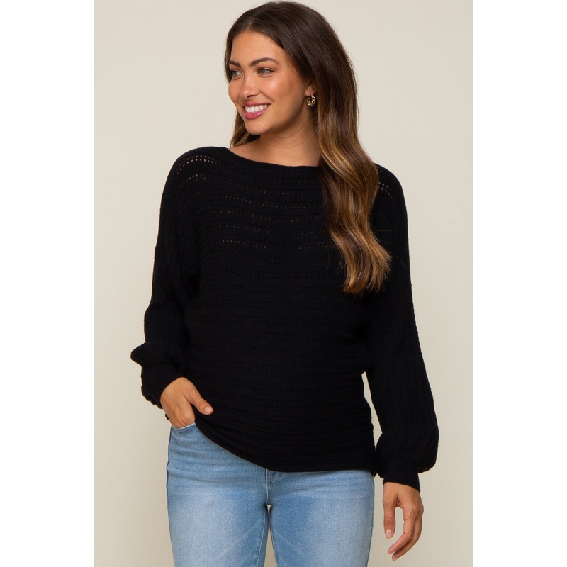 Black Crochet Dolman Sleeve Maternity Sweater