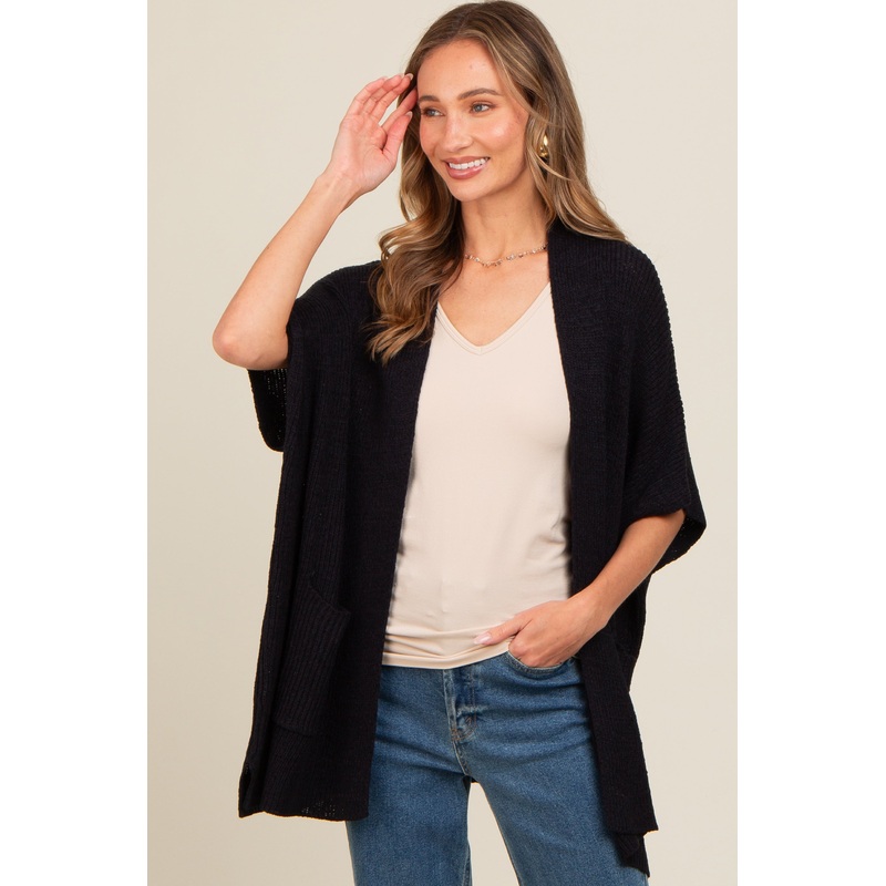 Black Drop Shoulder Side Pocket 3/4 Sleeve Cardigan