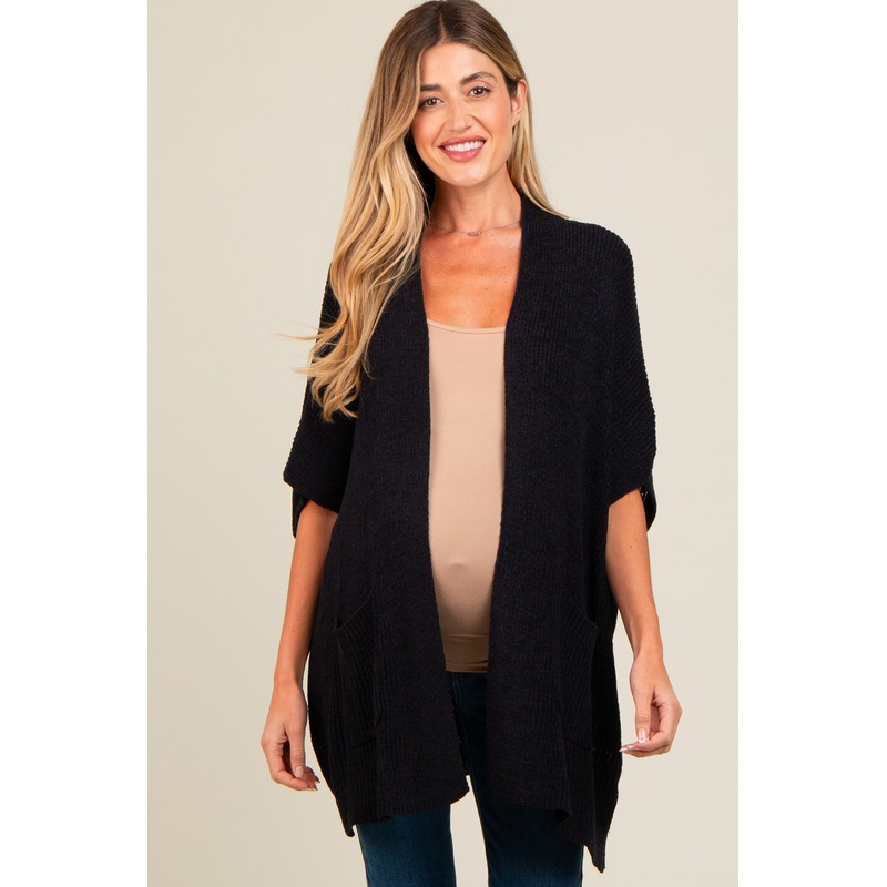 Black Drop Shoulder Side Pocket 3/4 Sleeve Maternity Cardigan