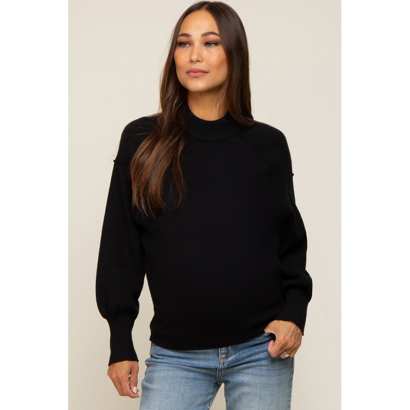 Black Knit Long Sleeve Mock Neck Maternity Top