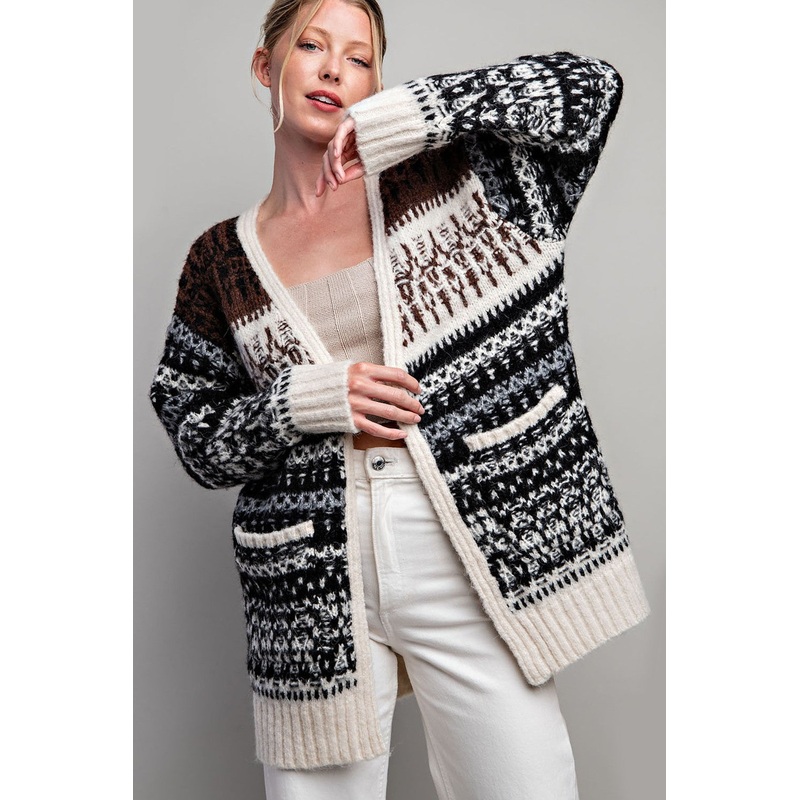 Black Pattern Fuzzy Knit Cardigan