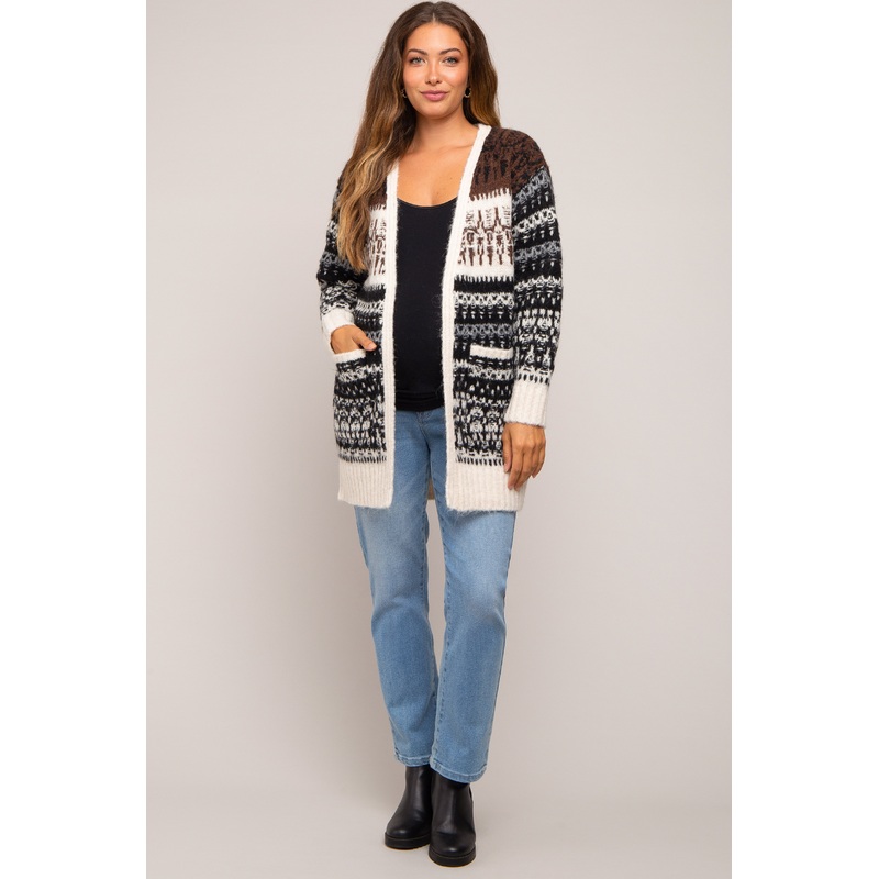 Black Pattern Fuzzy Knit Maternity Cardigan
