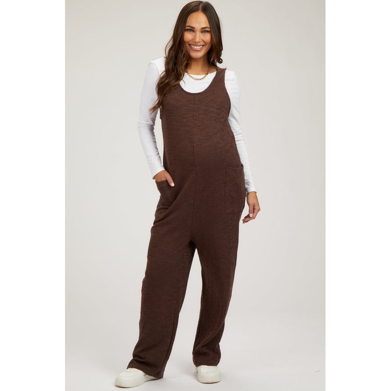 Brown Scoop Neck Sleeveless Maternity Jumpsuit