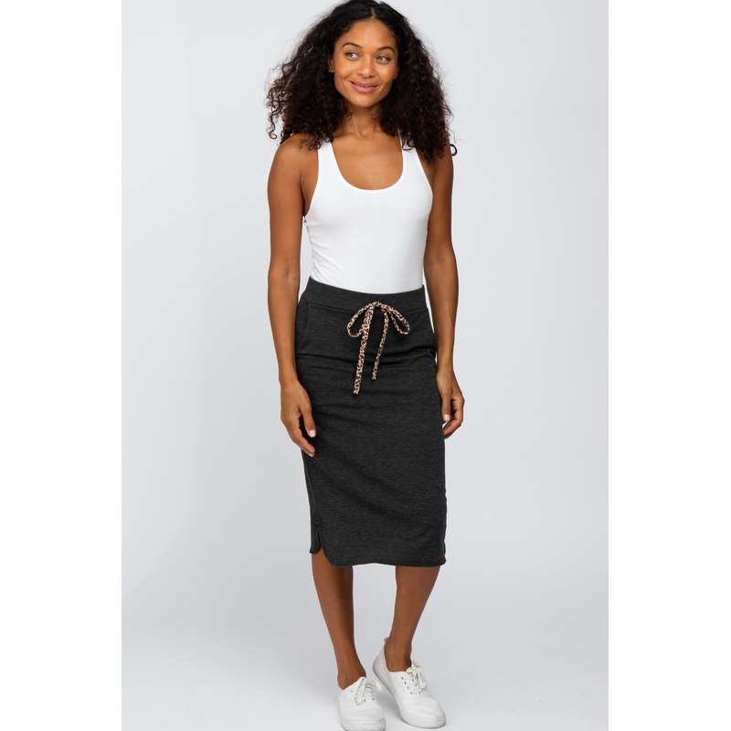 Charcoal Animal Print Tie Front Accent Skirt