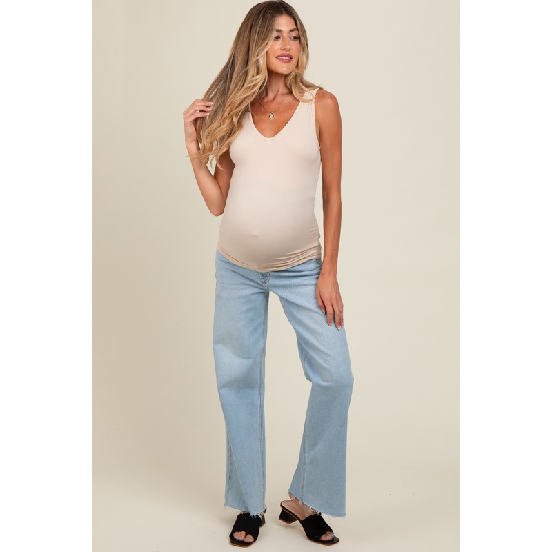 Light Blue Unfinished Hem Wide Leg Maternity Jeans