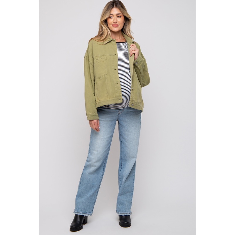 Light Olive Basic Maternity Denim Jacket