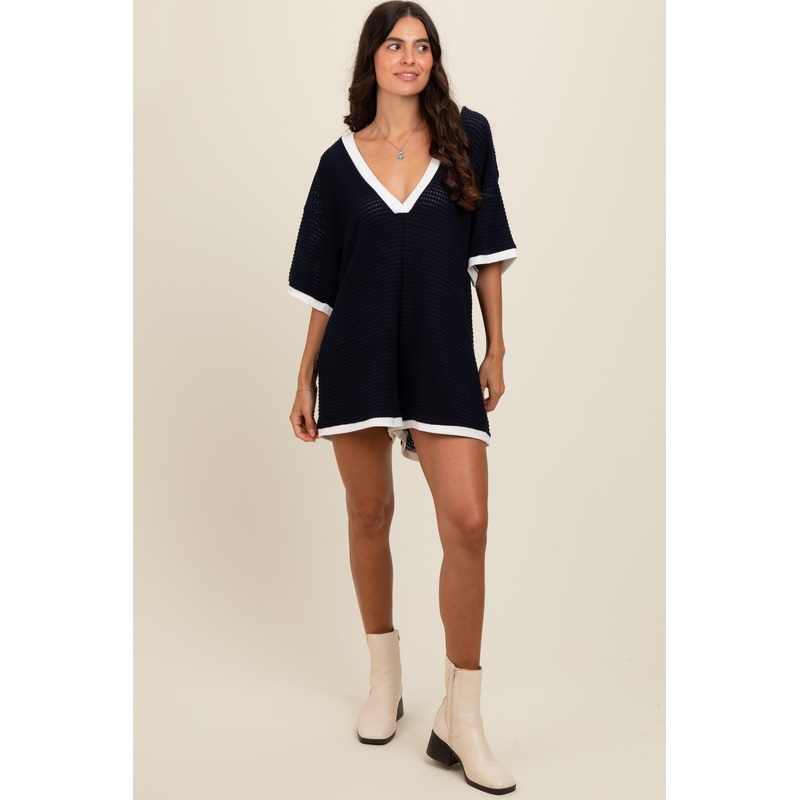 Navy  Contrast Trim Deep V-Neck Romper