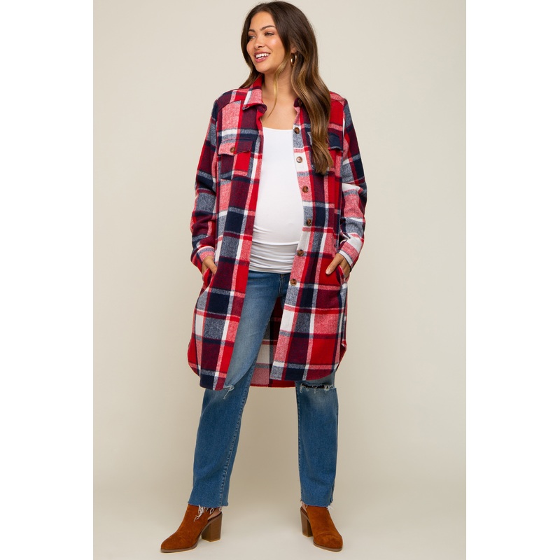 Red Plaid Fleece Maternity Long Shirt Jacket