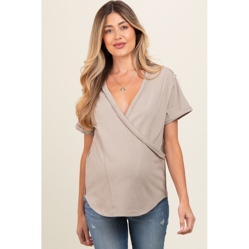 Taupe Wrap Short Sleeve Raw Hem Maternity Top