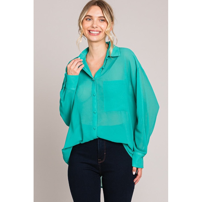 Teal Pink Sheer Button Down Blouse