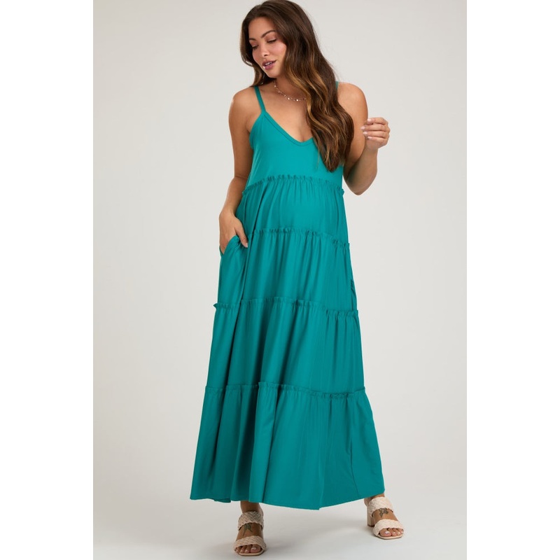 Teal Tiered Sleeveless Maternity Maxi Dress