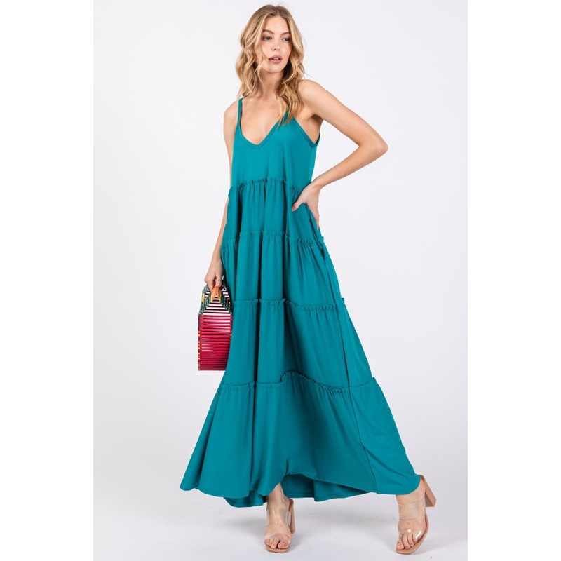 Teal Tiered Sleeveless Maxi Dress