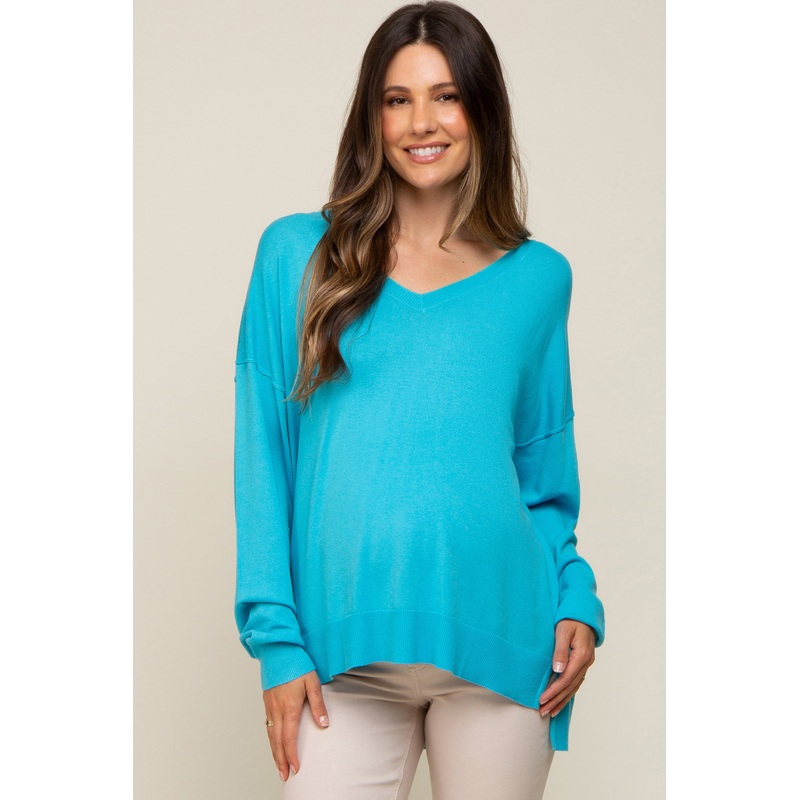Turquoise Knit V-Neck Long Sleeve Maternity Top